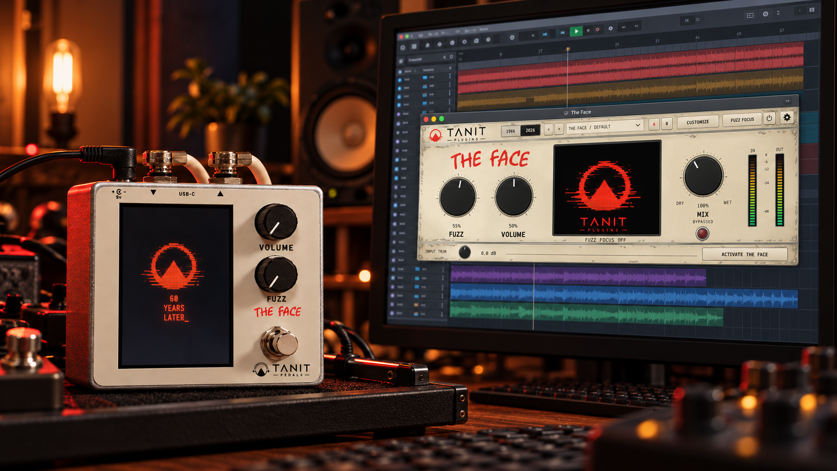 THE FACE pedal on a pedalboard beside its plugin interface in a recording session