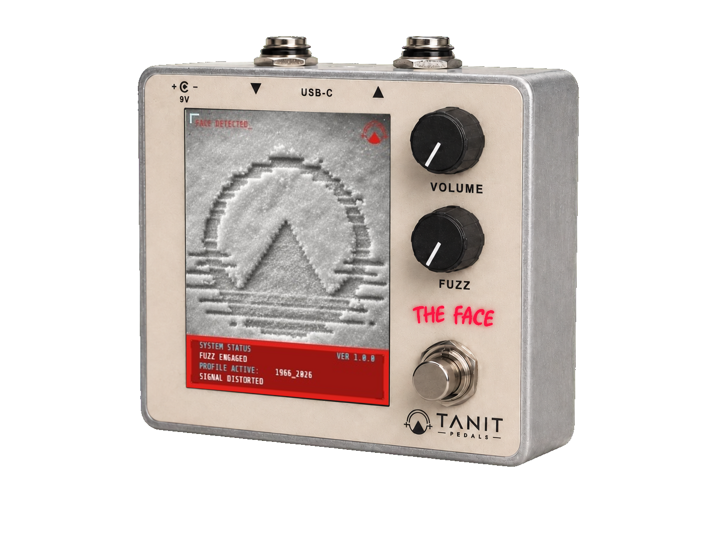 THE FACE pedal displaying the monochrome TANIT snow profile with red 1966_2026 HUD