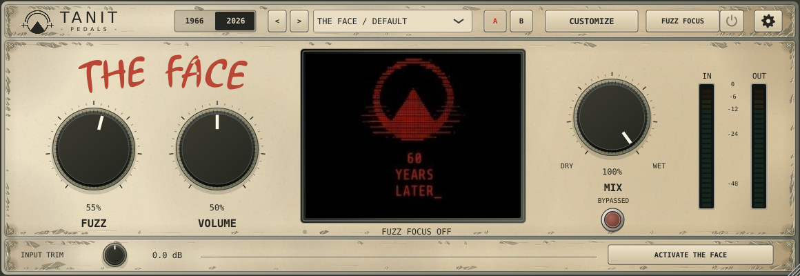 THE FACE cream 2026 interface, with Fuzz, Volume, Mix and a customizable image screen